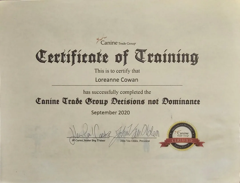 Loreanne's Canine Trade Group certification