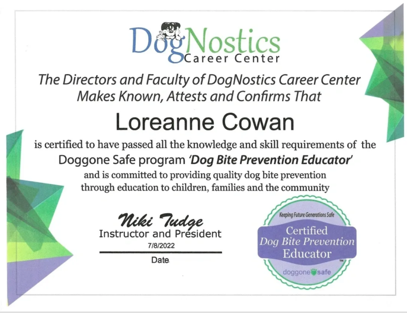 certified dog bite prevention certificate Loreanne